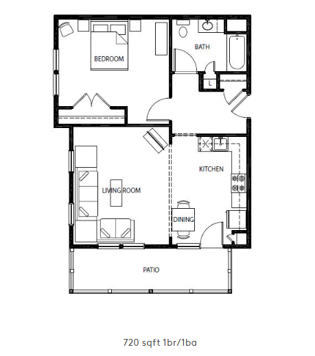Floor plan for 1 bed, 1 bath, 720 sqft